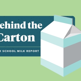 Milk carton with "Behind the Carton: 2022 School Milk Report" text